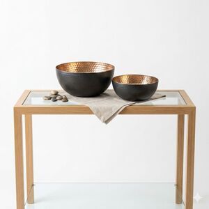 2Pc Decorative Bowl Hammered Copper Metal India Home Decor Center Piece Modern